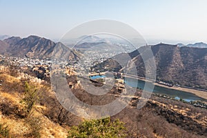 Nature and forts of Jaipur hills, panorama of India photo