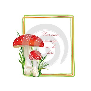 Nature frame with fall leaves and mushroom isolated on white background.
