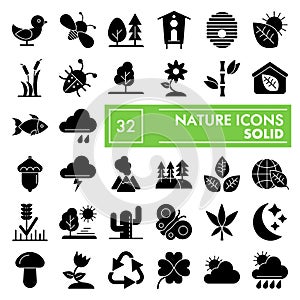 Nature glyph icon set, environment symbols collection, vector sketches, logo illustrations, conservation signs solid