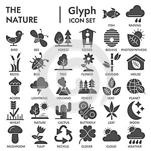 Nature glyph SIGNED icon set, environment symbols collection, vector sketches, logo illustrations, conservation signs