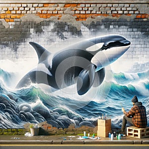 Nature Graffiti Artist Underwater Ocean Scene Killer Whale Brick Wall Vintage Building City Mural AI Generated
