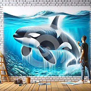 Nature Graffiti Artist Underwater Ocean Scene Killer Whale Brick Wall Vintage Building City Mural AI Generated