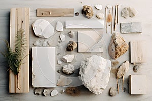 Top view of various stones and nature objects on bright background