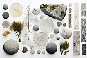 Top view of various stones and nature objects on bright background