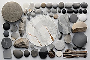 Top view of various stones and nature objects on bright background