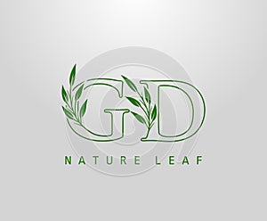 Nature Green Leaf Letter G, D and GD Logo Design. monogram logo. Simple Swirl Green Leaves Alphabet Icon