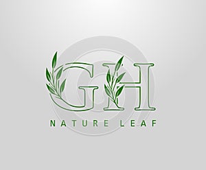 Nature Green Leaf Letter G, H and GH Logo Design. monogram logo. Simple Swirl Green Leaves Alphabet Icon