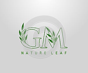 Nature Green Leaf Letter G, M and GM Logo Design. monogram logo. Simple Swirl Green Leaves Alphabet Icon