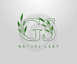 Nature Green Leaf Letter G, S and GS Logo Design. monogram logo. Simple Swirl Green Leaves Alphabet Icon