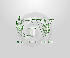 Nature Green Leaf Letter G, V and GV Logo Design. monogram logo. Simple Swirl Green Leaves Alphabet Icon