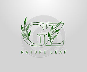 Nature Green Leaf Letter G, Z and GZ Logo Design. monogram logo. Simple Swirl Green Leaves Alphabet Icon