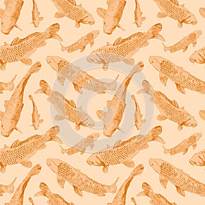 Nature hand draw seamless pattern with gold contour of japanese fish isolated on pink background. Stock vector illustration photo