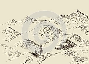 Nature drawing, mountains ranges sketch photo