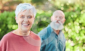 Nature, happy and portrait of a senior woman on an outdoor walk with her husband for health and wellness. Happiness