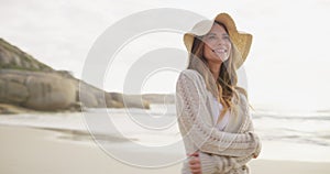 Nature, hat and happy woman on beach walking for summer vacation, outdoor travel and tropical island. Relax, journey and