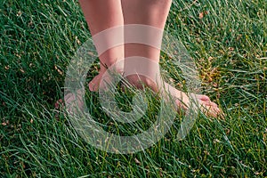 Nature Health Energy Concept, Barefoot Girl Standing On Grass