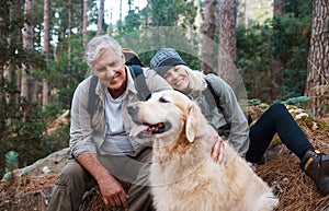 Nature, hike and senior couple with their dog in the woods for a wellness cardio exercise. Happy, travel and elderly man