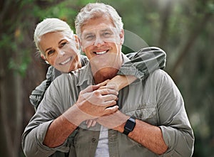 Nature, hiking and portrait of senior couple with smile on adventure in forest, woods and mountain for exercise. Fitness