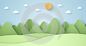 Nature hill and mountain with sun and sky, paper art style