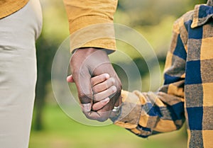 Nature, holding hands and family child, parent and walking in forest, woods and relax journey for love, care and support