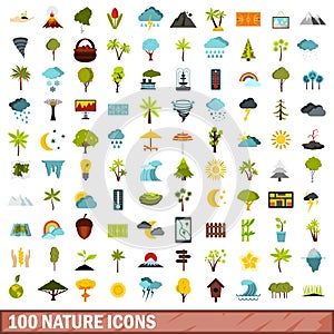 100 nature icons set, flat style