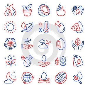 Nature icons set. Included icon as Bio tags, Leaves, Water splash. Vector