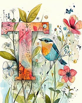 Nature-Inspired Abstract Art Featuring the Letter \'T\' with a Bluebird and Floral Elements photo