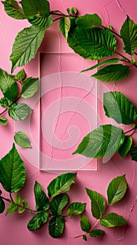 Nature Inspired Botanical Frame on Pink Background Modern Natural Design with Green Leaves photo