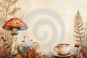 nature-inspired coffee scene, cozy coffee setting with woodland mushroom decor and autumn-themed illustrations, creating photo