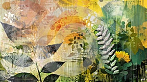 Nature inspired collage art Organic textures, leaves, flowers, earthy tones, Ai Generated photo