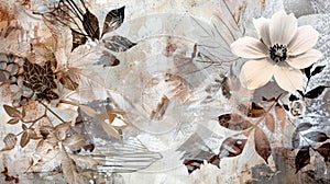 Nature inspired collage art Organic textures, leaves, flowers, earthy tones, Ai Generated photo