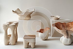 Nature-Inspired design. Ceramic sculptures displayed on table as part of interior design