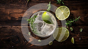 Nature-inspired Gin And Tonic On Wooden Table - Aerial View