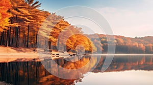 Nature-inspired Installations Trees Reflecting In A Natural Lake At Early Morning