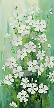 Nature-inspired Painting: White Flowers On Green Background