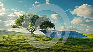 Nature-inspired solar panel tree in a grassy field, highlighting zero carbon technology. Zero carbon technology photo