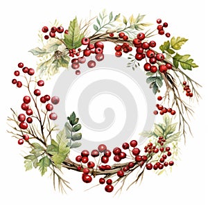 Nature-inspired Watercolor Wreath Clipart With Red Berries And Twigs photo