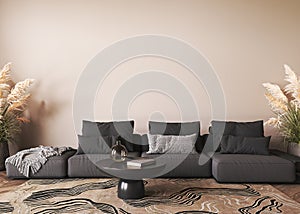 Nature interior design with black sofa, table and dry grass in modern luxury living room. Beige wall mock up. 3d render