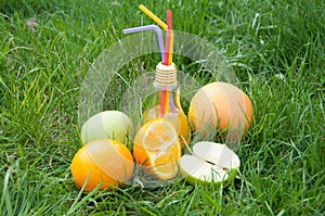 Nature. Lamp shapedglass with fresh juice on green grass near oranges, apples