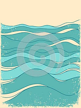 Nature landscape abstract with Sea waves vintage horizone seascape. Sea minimalist modern line art blue  landscape illustration