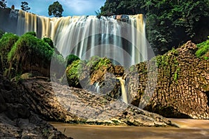 Nature Landscape with Blurred Waterfall, Rough Rocks, Green Grass in The Sunshine