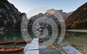 Nature landscape in the dolomites mountains, with long exposure, on a autumn sunny day and sunstars on the sky, Lago di braies, It photo