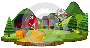 Nature landscape of farmland with barn and silo