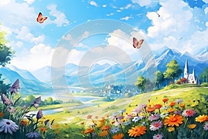 nature landscape with flowers, mountain, tree and butterfly. Watercolor illustration background, Generative AI