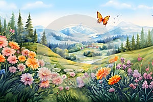nature landscape with flowers, mountain, tree and butterfly. Watercolor illustration background, Generative AI