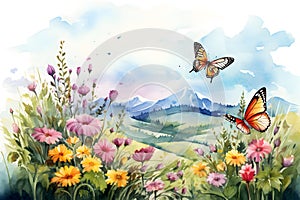 nature landscape with flowers, mountain, tree and butterfly. Watercolor illustration background, Generative AI