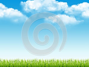 Nature landscape. Fresh background with green grass blue sky with clouds dream field vector realistic seamless pattern