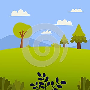 Nature landscape with grass, trees , hill and montain.Meadow and sky background in flat design.Summer green field