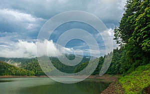 Nature landscape of green coniferous mountains above the lake on background of stormy gray clouds, rainy weather, Ukraine,