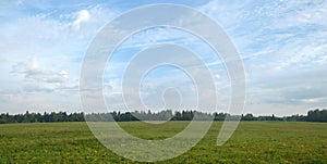 Nature landscape with green field and forest far away on summer day panoramic view